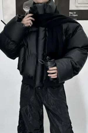 Men's & Women's Vintage PU Leather Puffer Jacket Winter Short Quilted Coat American Retro Stand Collar Unisex Couple Outerwear